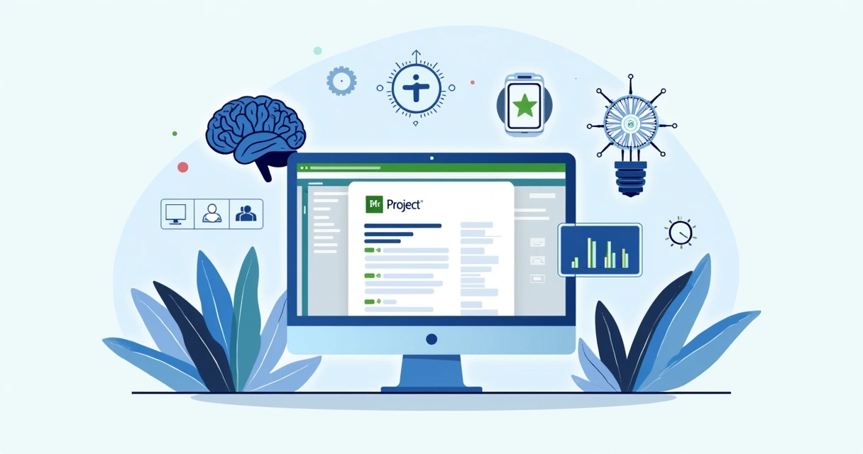 Ilustração corporativa de uma licença vitalícia digital do MS Project em destaque com fundo claro e elementos gráficos de produtividade e tecnologia 