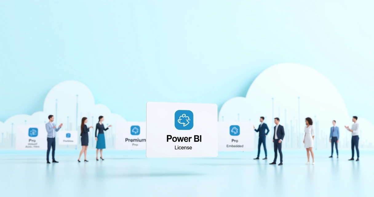 Ilustração mostrando licenças digitais de Power BI agrupadas em torno de avatares de usuários 