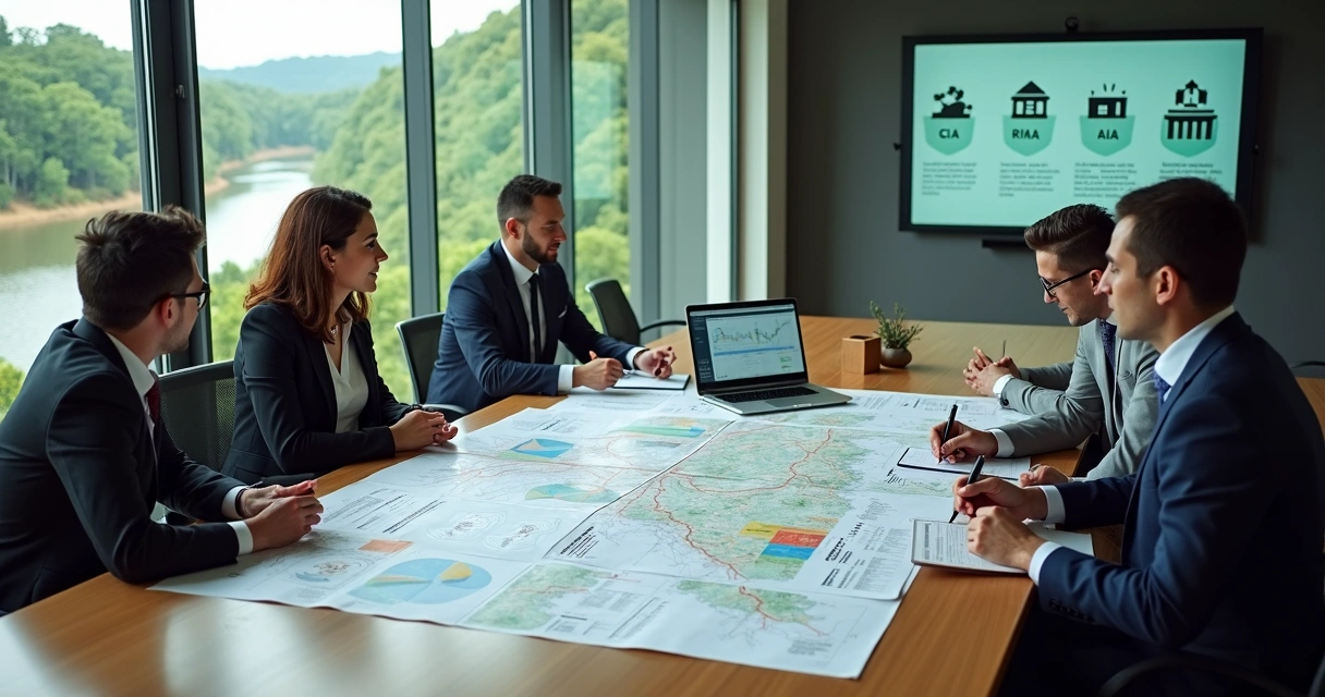 Mesa com mapas ambientais, documentos de licenciamento e equipe técnica analisando projeto 