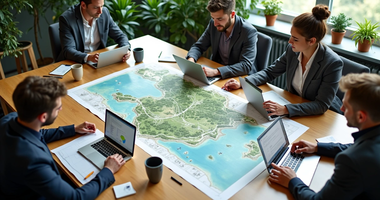 Equipe analisando mapa ambiental na mesa 