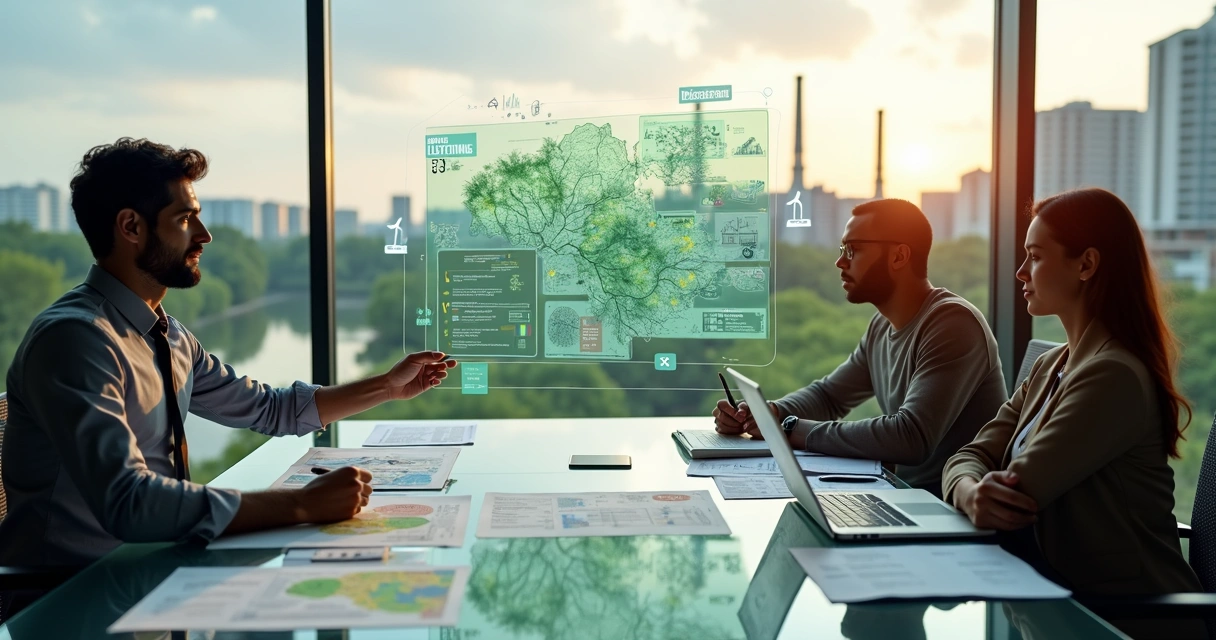 Equipe técnica analisa licenciamento ambiental em reunião com projeções digitais 