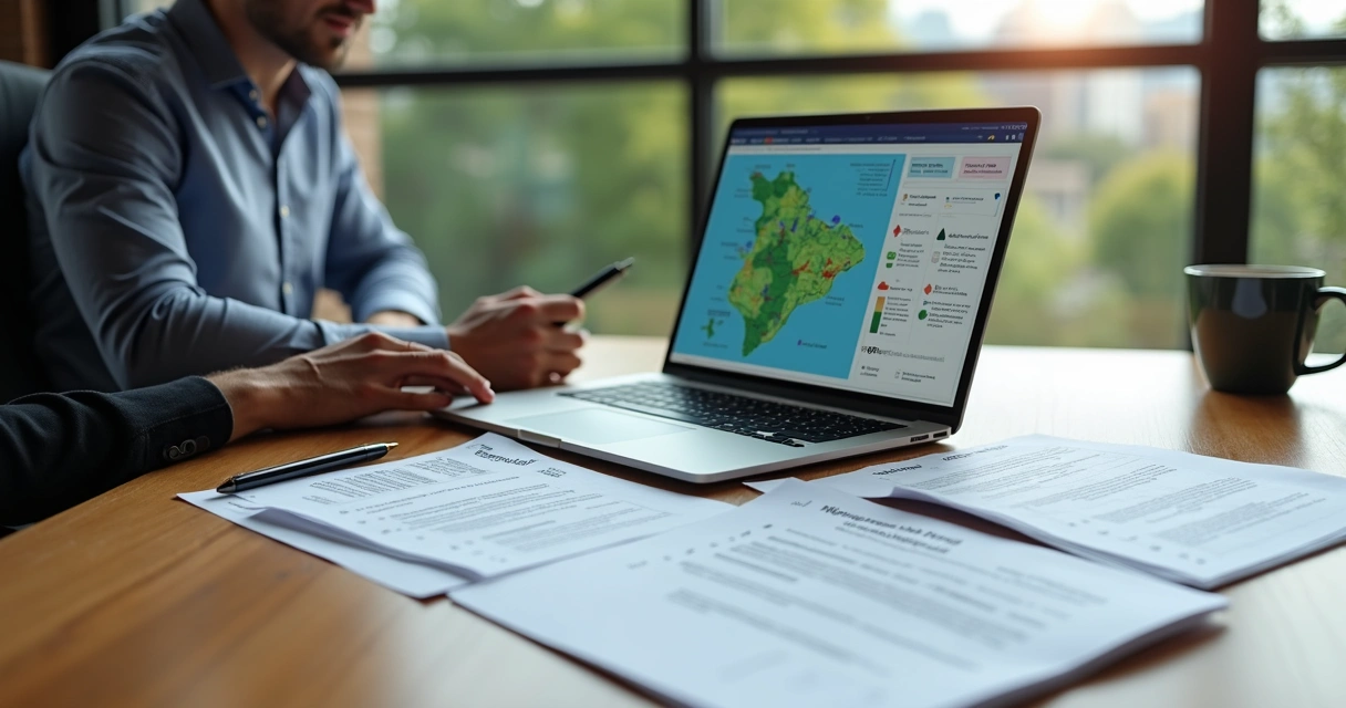 Empresário analisa mapa ambiental digital com documentos de licenciamento sobre a mesa 