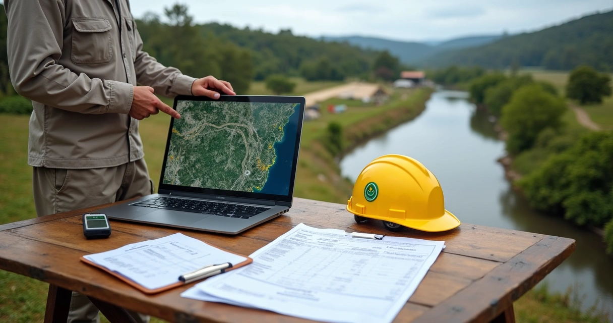 Fiscal ambiental analisa mapa e documentos em área rural com rio e vegetação nativa 