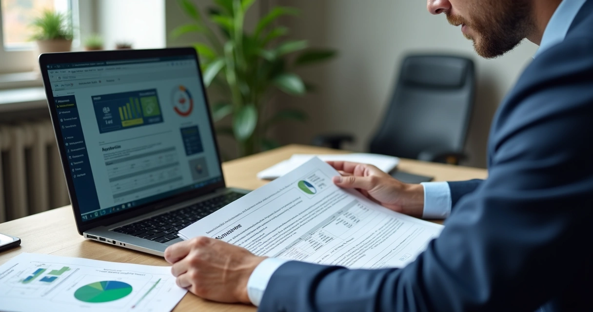 Homem analisando contrato de software em mesa de escritório 