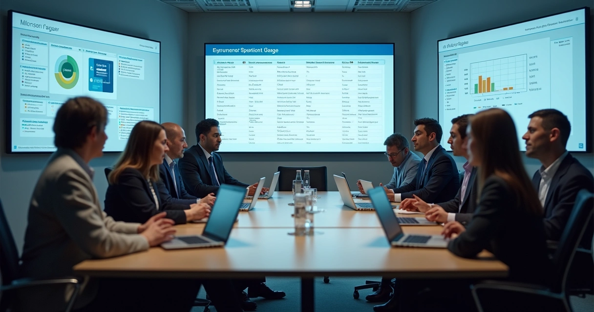Diversas pessoas em escritório avaliando opções de software em computadores 