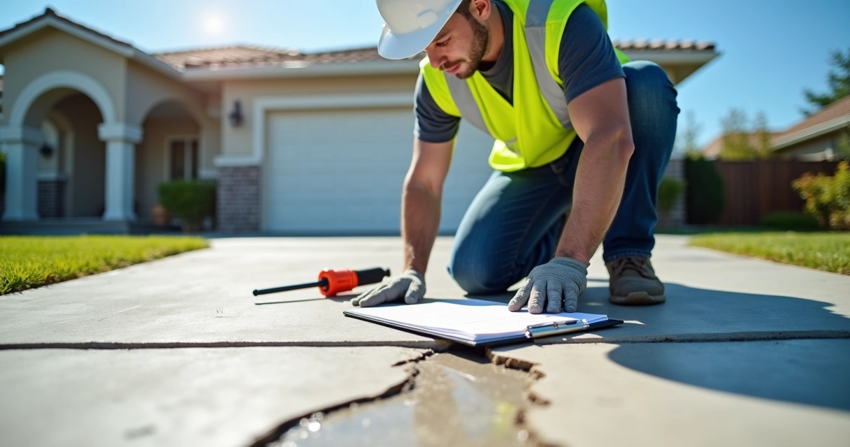 Licensed contractor inspecting cracked concrete driveway with clipboard 