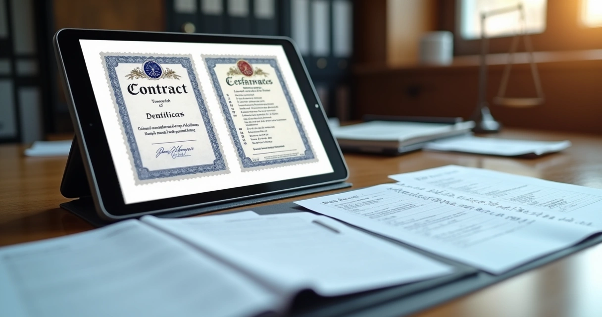 Mesa de escritório com pilha de documentos digitais para licitação 