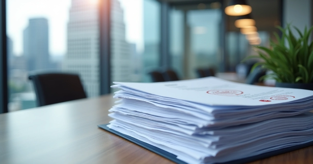 Pilha de documentos de licitação pública em mesa de escritório.