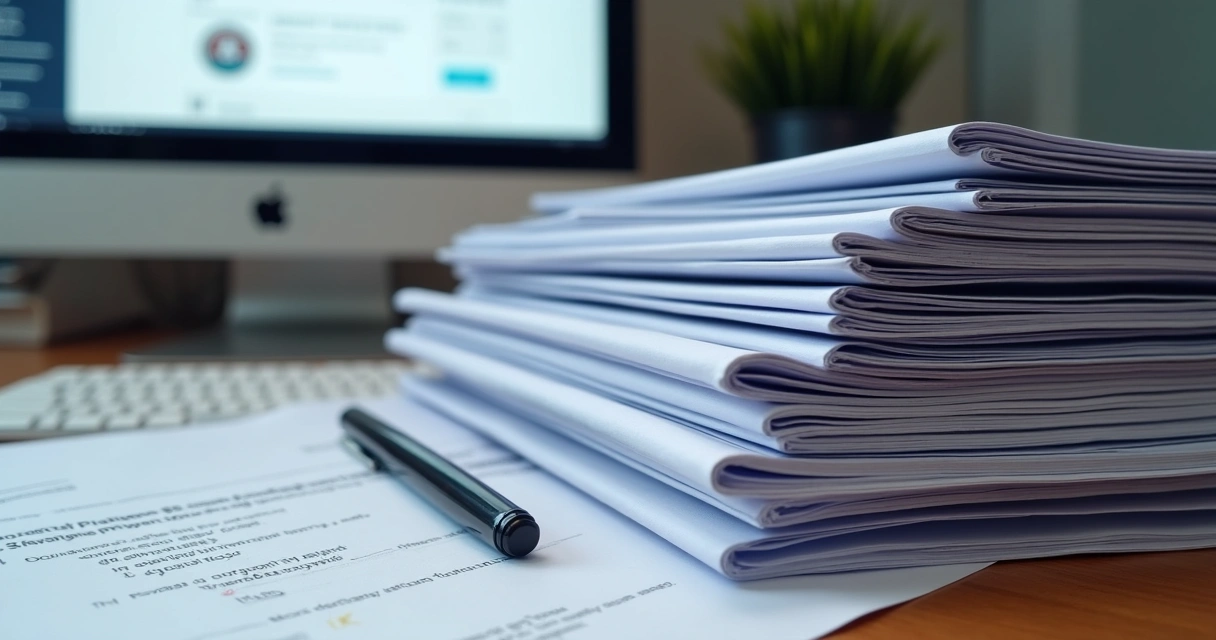 Pilha de documentos de licitação em uma mesa de escritório