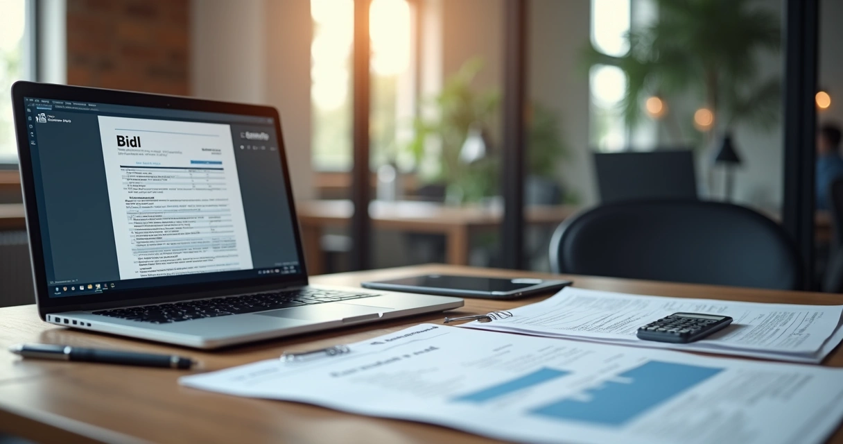 Computador aberto com gráficos de faturamento, ao lado de documentos de licitação e caneta