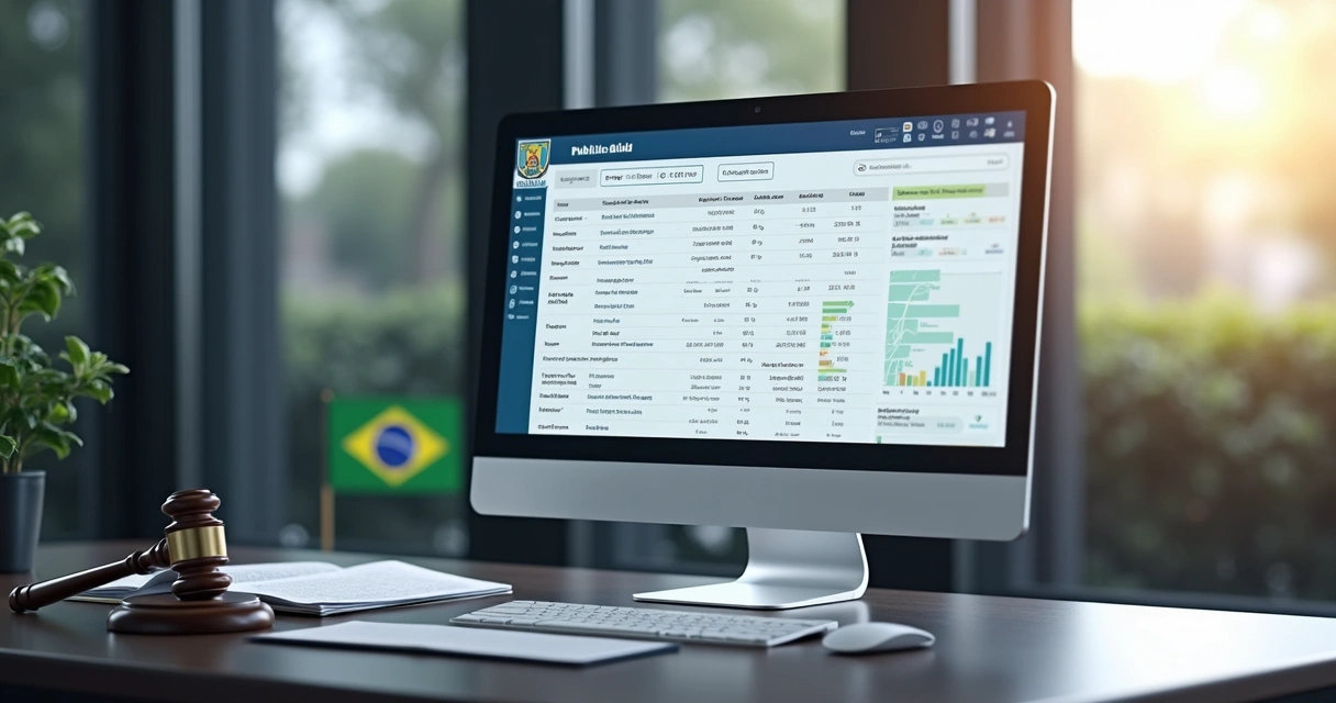 Computador exibindo interface de sistema de pregão eletrônico com gráficos e listas de licitações 
