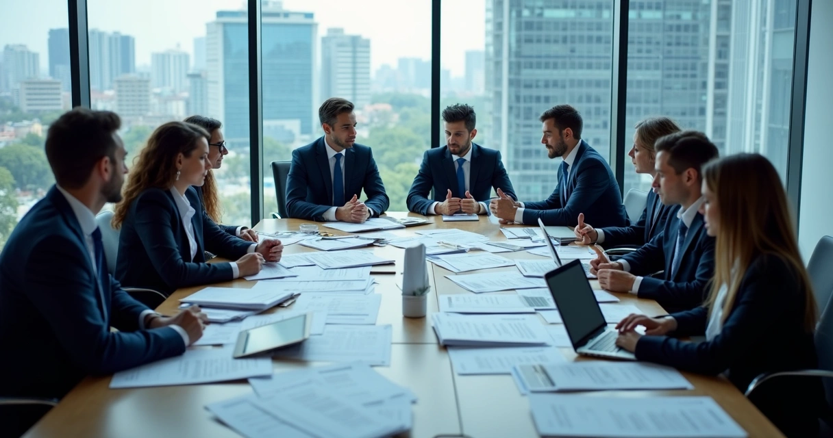 Ambiente de licitação pública com mesa de reunião, editais e computadores