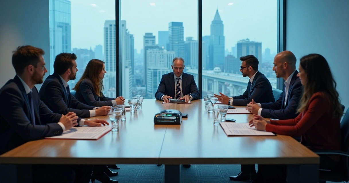 Sala de reunião com empresários apresentando protótipo digital em processo de licitação
