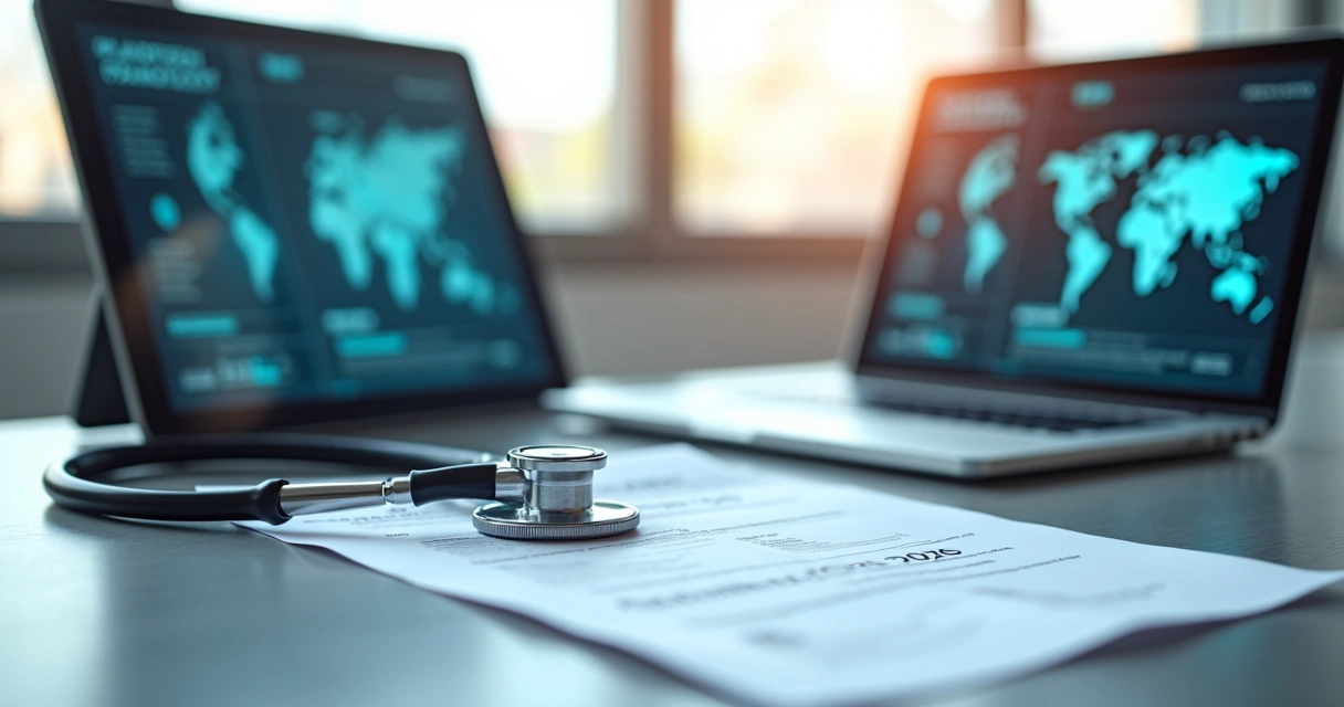 Equipamentos médicos digitais em mesa com documentos de licitação