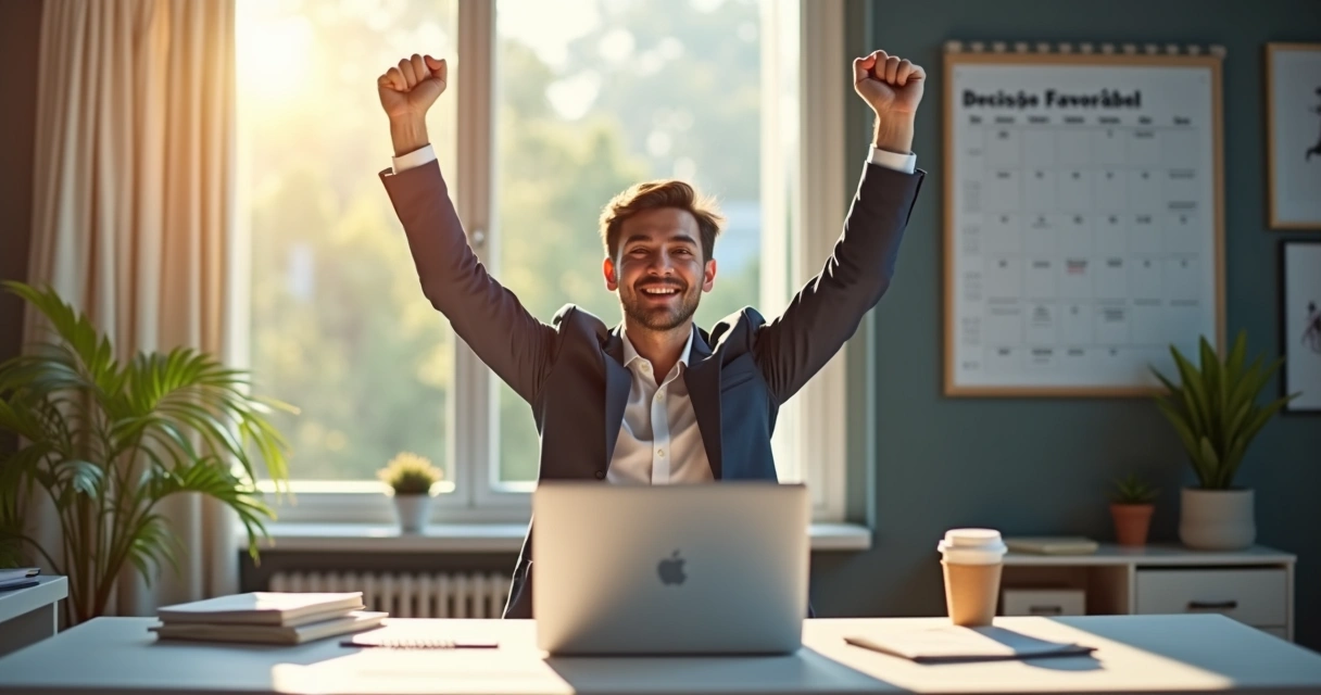 Licitante comemorando êxito após decisão favorável a recurso 