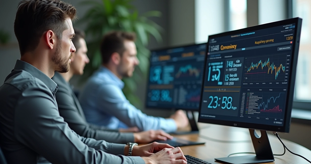 Profissionais participando de uma disputa de pregão eletrônico em suas mesas de trabalho 