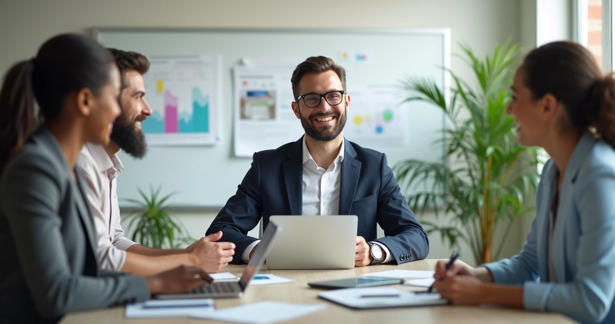 Equipe de trabalho em conversa, um profissional em destaque sorrindo e com postura aberta