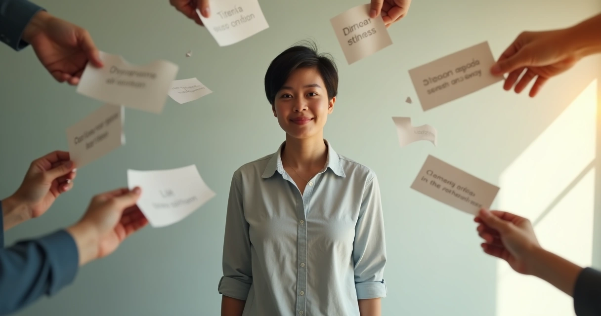 Pessoa em pé confiante enquanto comentários negativos em papéis rasgados caem ao redor 