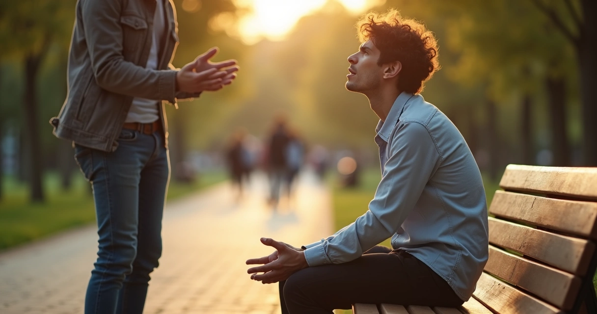 Pessoa respirando fundo em um banco de parque mantendo a calma enquanto outra gesticula irritada ao lado 