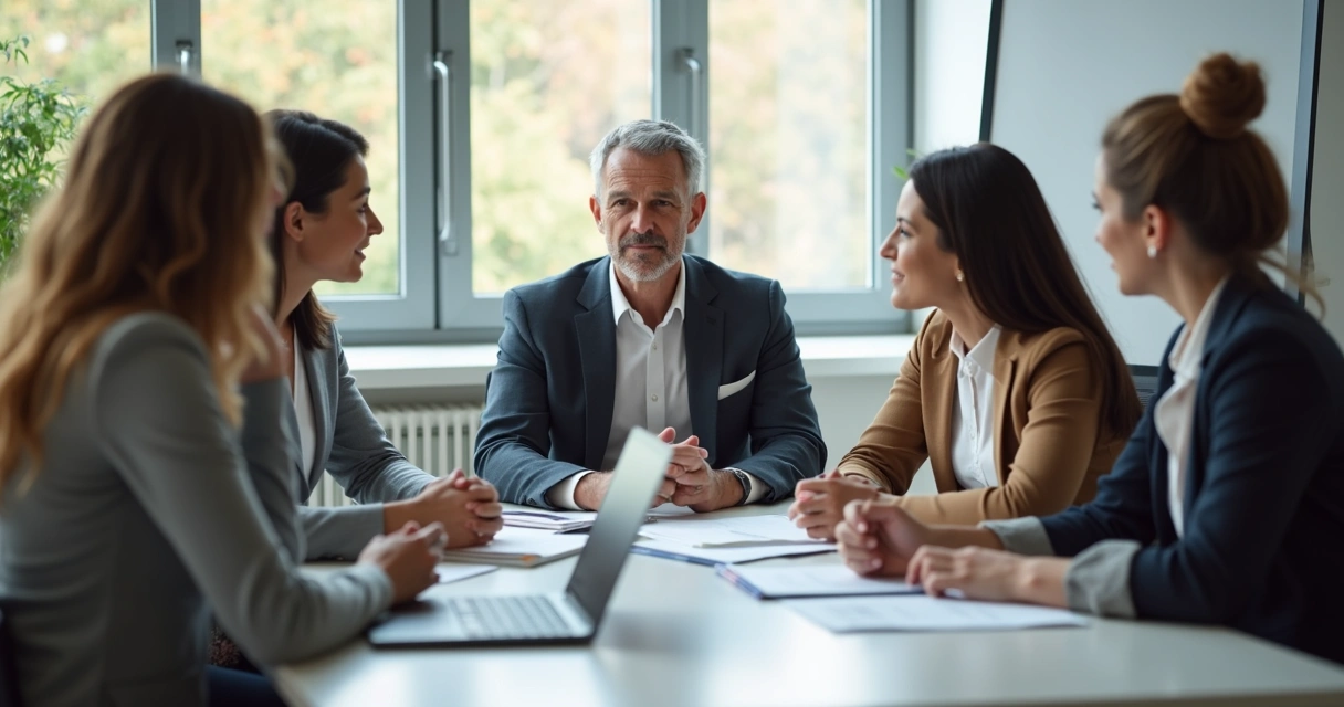 Chefe ouvindo com atenção feedback da equipe reunida 