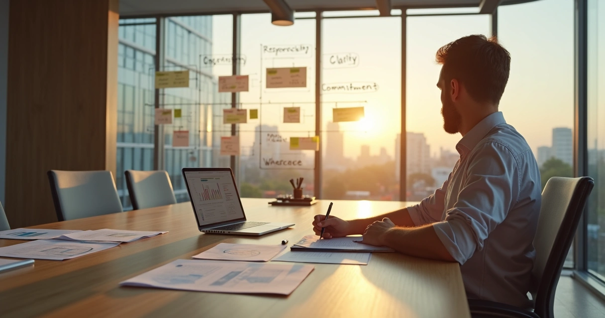 Líder sentado à mesa de reunião refletindo com caderno e gráficos ao redor 