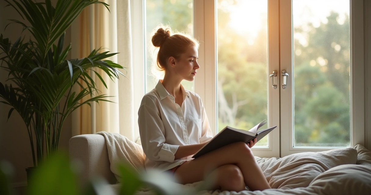 Persona reflexiva sentada junto a una ventana, con libreta en manos y expresión calmada en el rostro