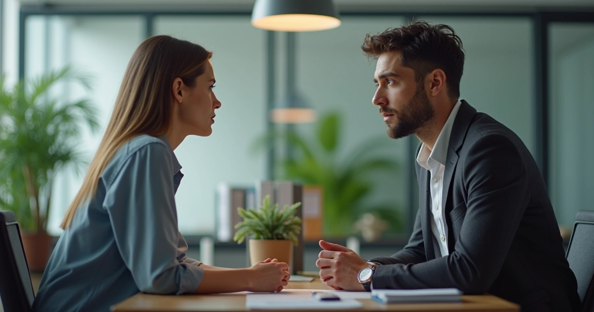 Líder acolhe colaborador em reunião privada com expressão de escuta ativa 