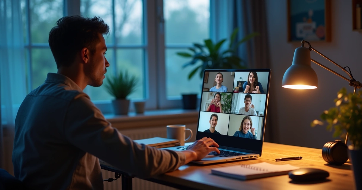 Líder em home office com gesto acolhedor ouvindo equipe remota nas telas do notebook 