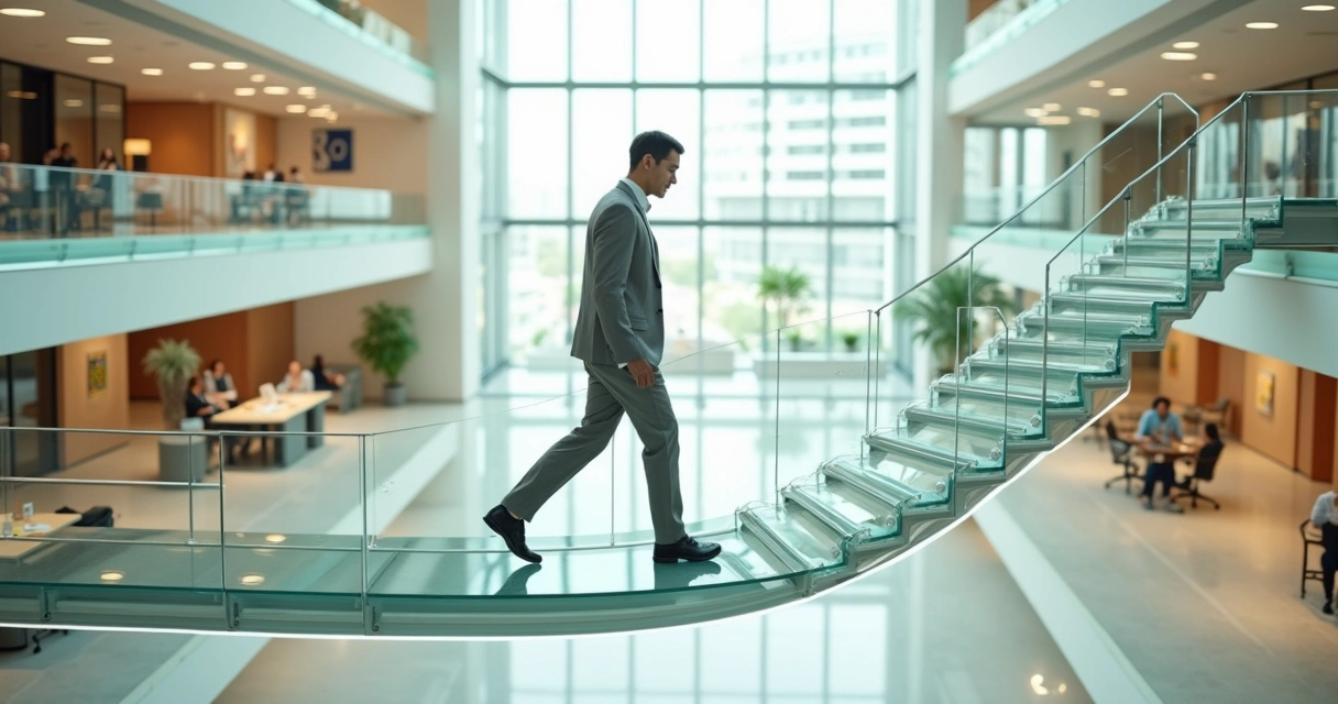Líder caminando por puentes cambiantes entre islas flotantes de trabajo 
