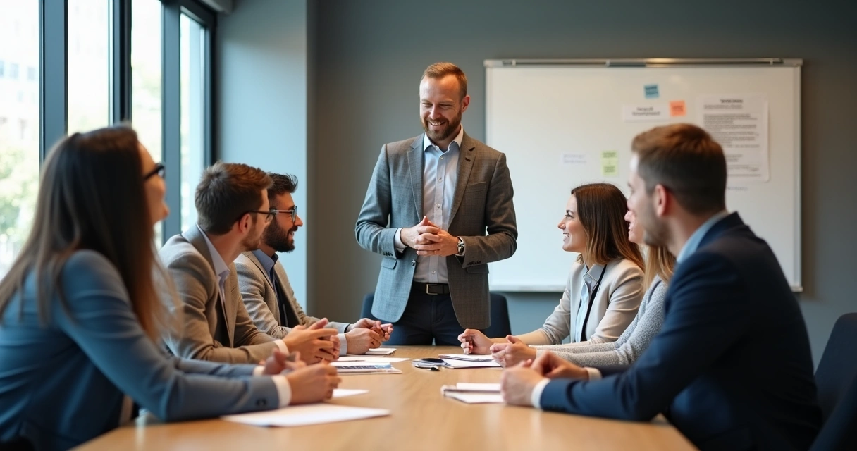 Líder cumprimentando equipe reunida em sala de reunião moderna. 