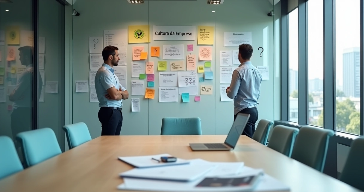 Líder observa mural com valores e perguntas sobre cultura da empresa 