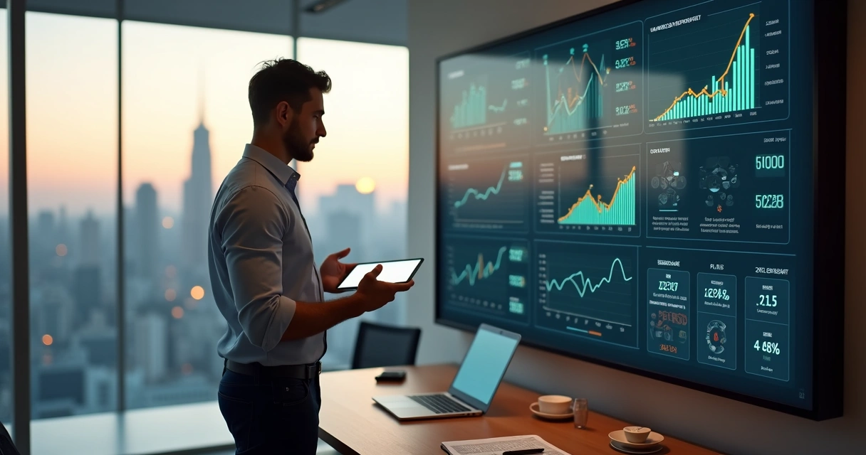 Líder comercial observando painel de vendas em escritório moderno 