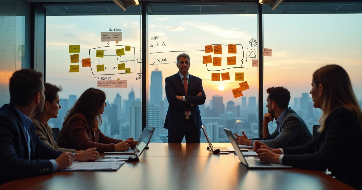 Líder em reunião avaliando impacto humano de decisões com equipe 