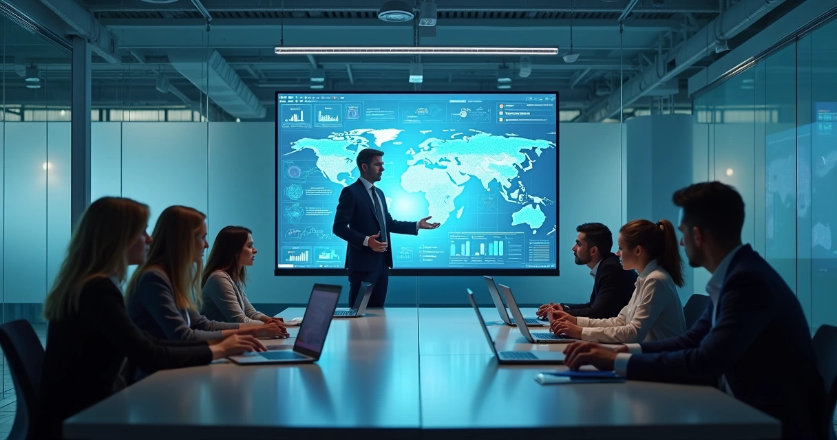 Líder observando painel digital em sala de reunião 