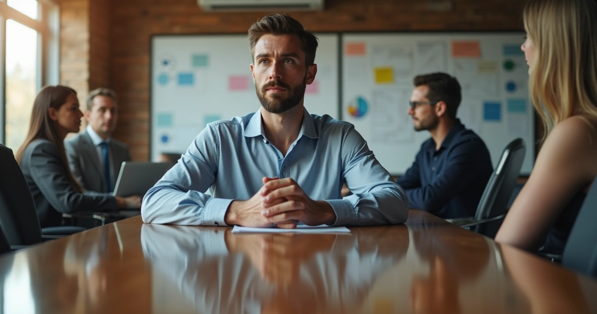 Líder olhando para o próprio reflexo em uma mesa de reunião 