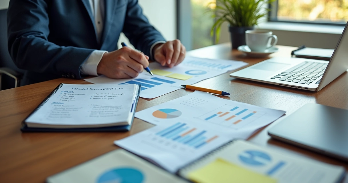 Líder analisando metas e anotações em uma mesa de trabalho