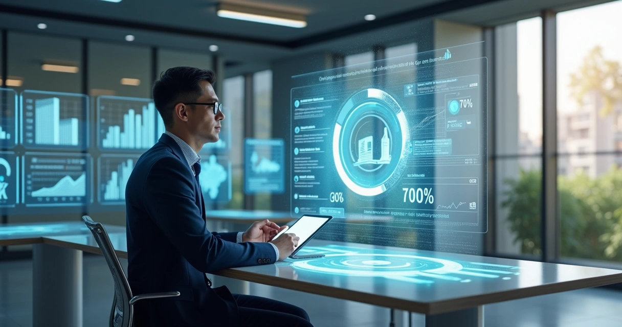 Líder analisando dados digitais em múltiplas telas no escritório moderno 