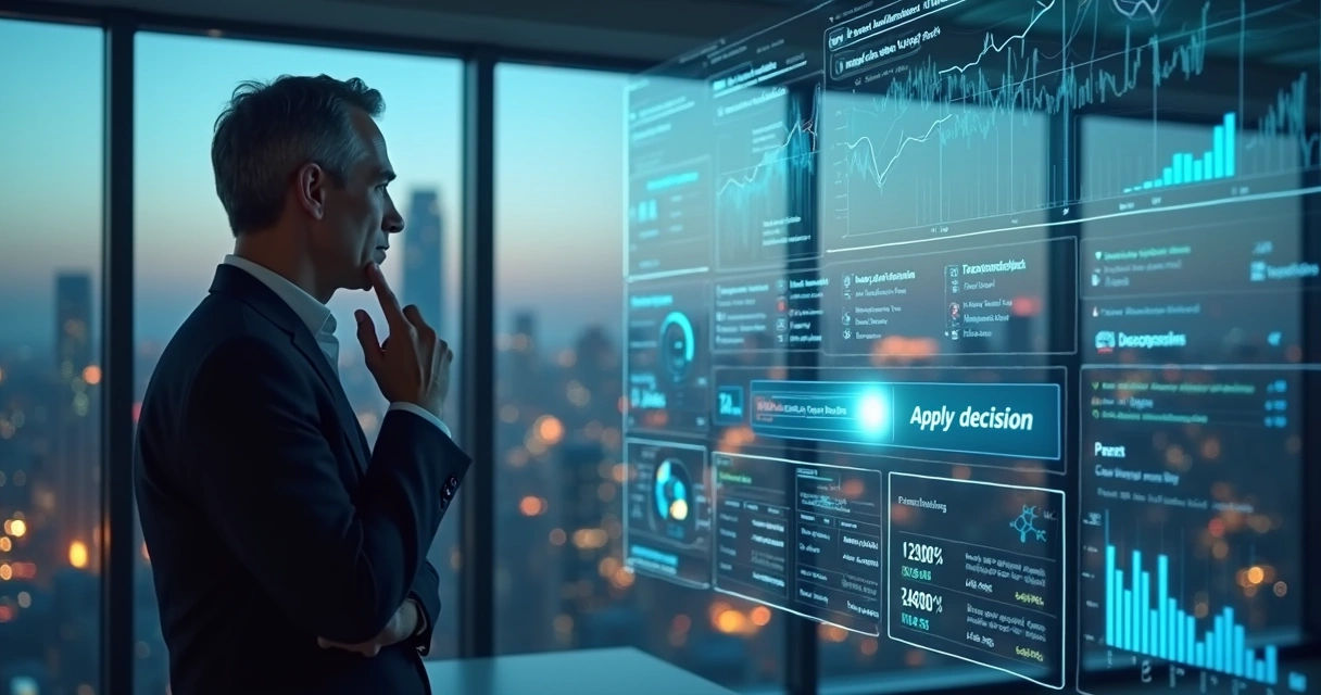 Líder observando painel digital com dados enquanto decide em escritório moderno 