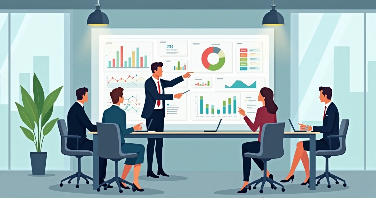 Líder orientando equipe com dashboard ao fundo 