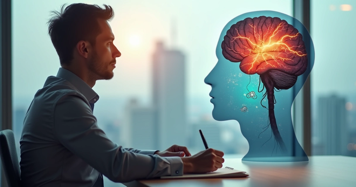 Líder sentado refletindo sobre padrões de reação diante de um quadro mental dividido 