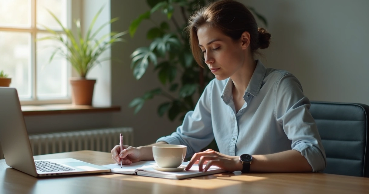 Líder analisando anotações pessoais em ambiente de trabalho calmo