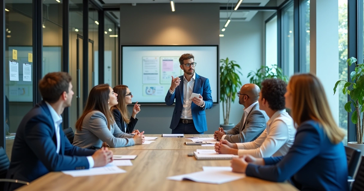 Líder observa equipe em ambiente corporativo moderno 