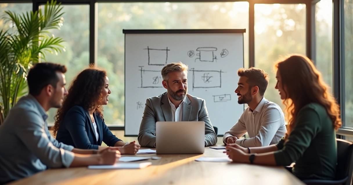 Líder em escritório moderno, apoiando equipe em reunião