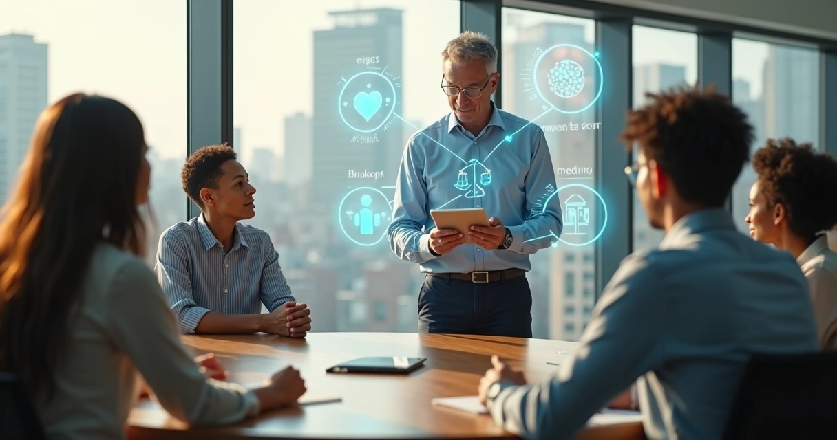 Líder observa equipe em mesa redonda com ícones de valor humano projetados 