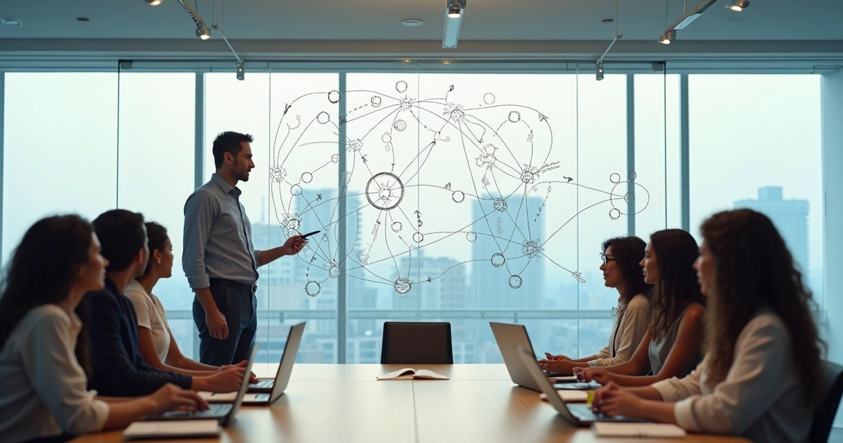 Líder observando fluxos e padrões invisíveis em organograma de empresa 