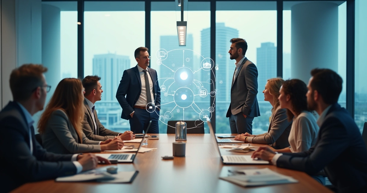 Líder observando equipe com conexões invisíveis representando padrões inconscientes na organização 