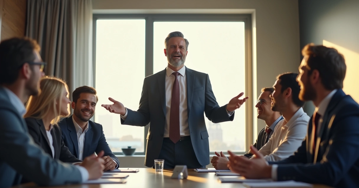 Líder sorrindo e animando sua equipe em reunião, criando atmosfera de confiança 