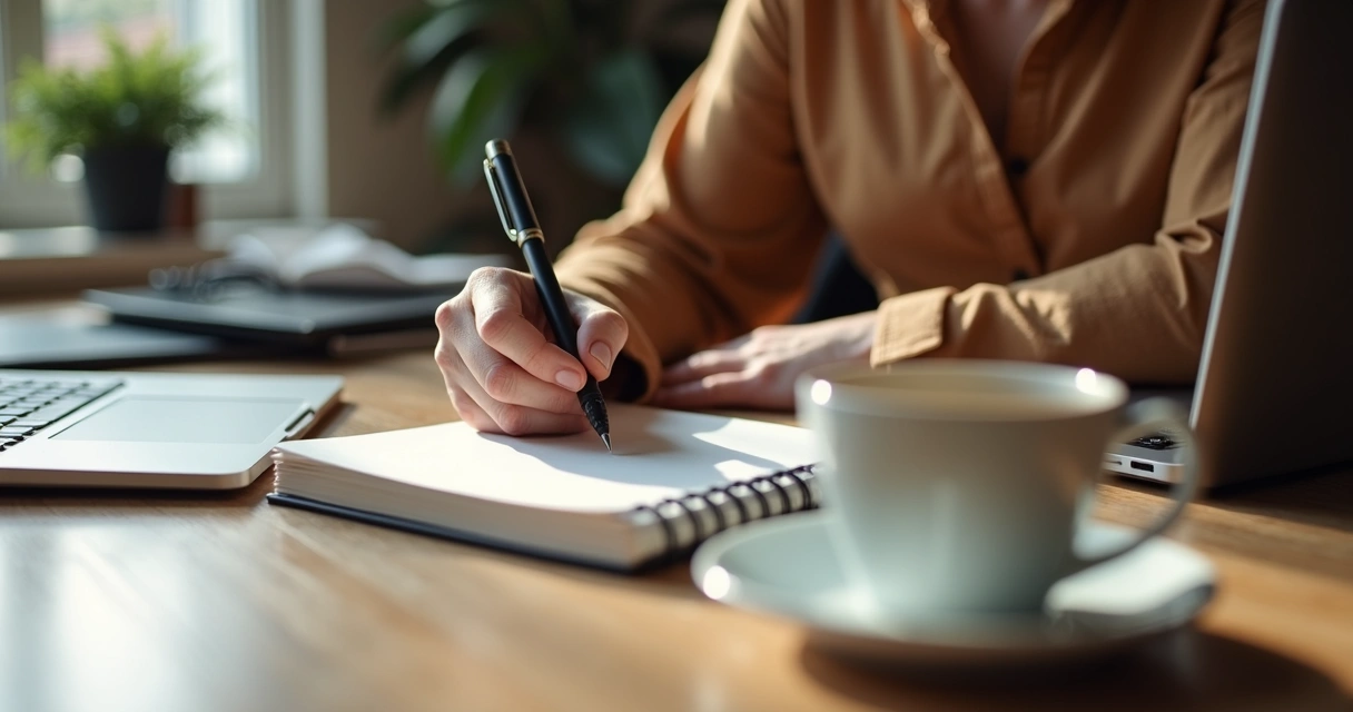 Pessoa escrevendo reflexões de liderança em caderno 