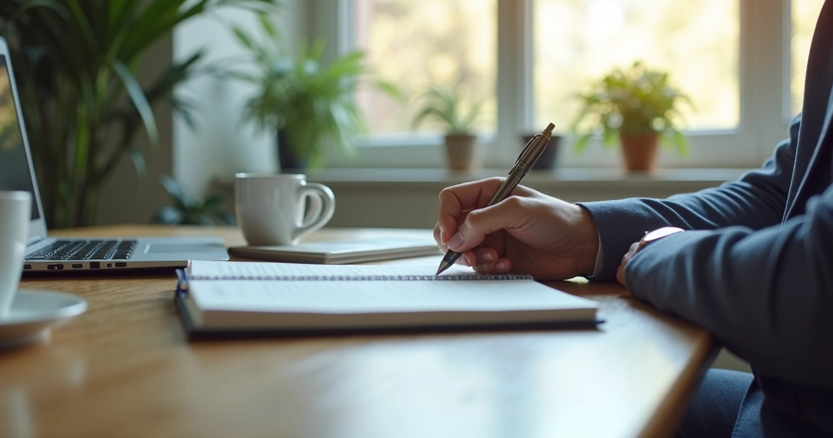 Líder escrevendo reflexões em um caderno no escritório