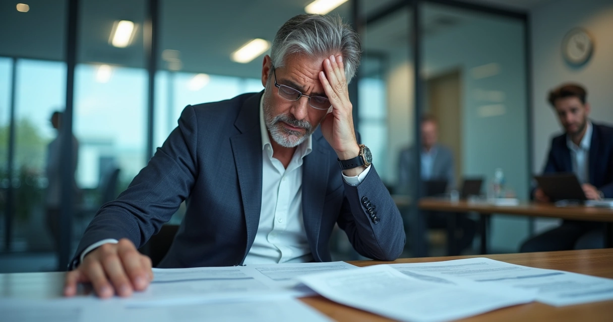 Homem sentado à mesa de reunião segurando a cabeça. 
